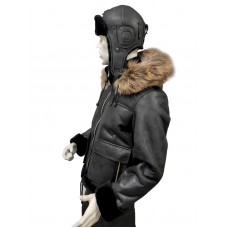 Костюм кожаный из натуральной овчины черный с мехом енота на капюшоне (куртка и комбинезон)